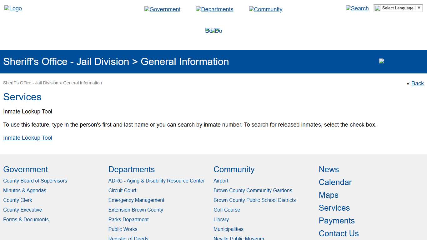 Brown County > Government > Sheriff's Office - Jail Division > General Information > Services > Inmate Lookup Tool